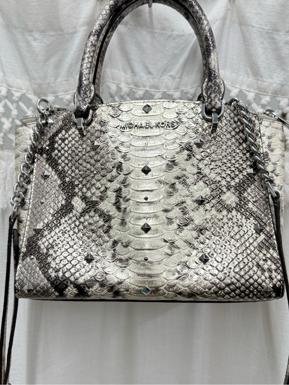 Michael Kors Metallic Silver Python Embossed Studded Satchel Crossbody Bag